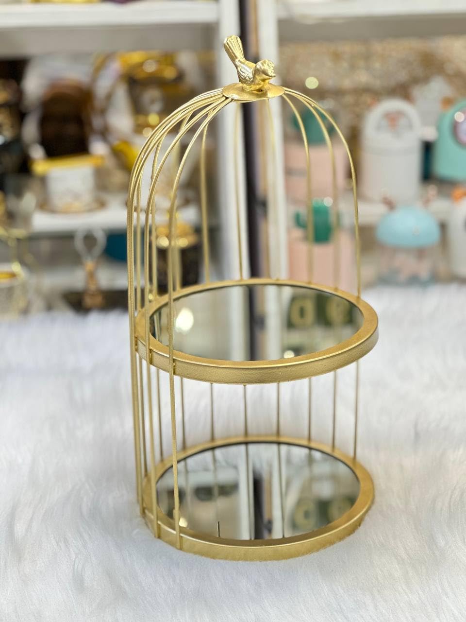 Gifticious Two-Tier Gold Bird Cage Decorative Tray with Mirror Shelves – Stylish Display for Jewelry, Candles, and Home Décor - Black Horse