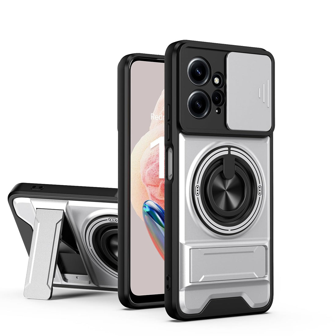 Case Cover Shock Resistant UNBLACK Protect Camera TPU + PC With KickStand Compatible with Redmi note 12 4g (Silver)