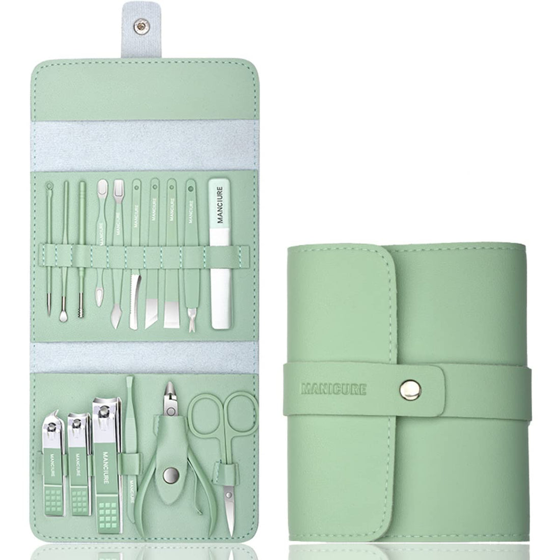Manicure Set Professional Nail Clippers Pedicure Kit, 16 pcs Stainless Steel Nail Care Tools Grooming Kit with Luxurious Travel Leather Case for Thick Nails Men Women Gift (Green)