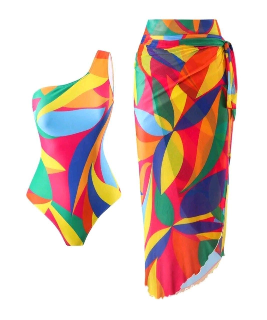 SHEIN-Swim Women's Printed Beachwear One Shoulder Monokini Swimsuit And Tie Front Swim Skirt