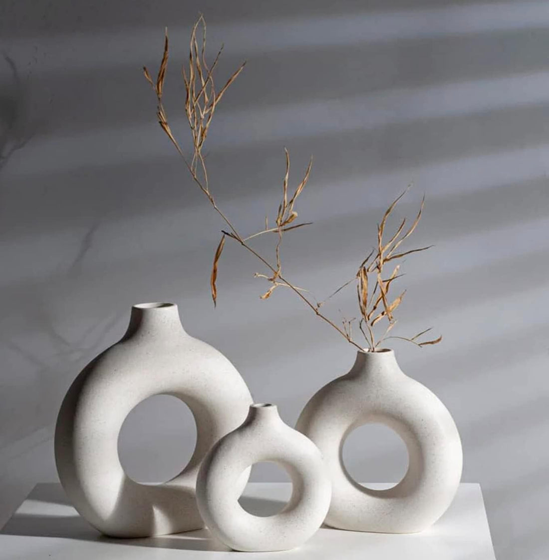 Ceramic Vases for Home Decor Set of 3 - White Modern Donut Vase Circle Round for Pampas Grass Artificial Flowers, Boho Decor Living Room Table Centerpieces From FLAMINGO