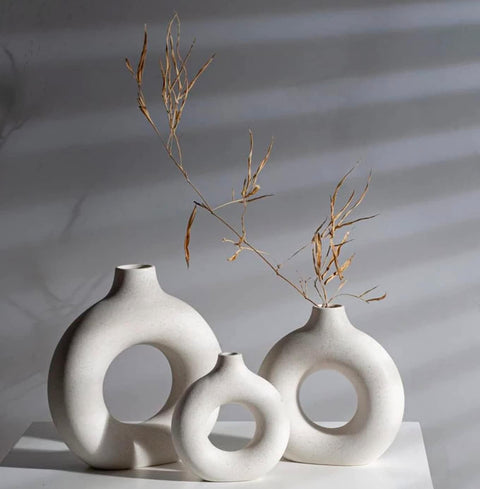 Ceramic Vases for Home Decor Set of 3 - White Modern Donut Vase Circle Round for Pampas Grass Artificial Flowers, Boho Decor Living Room Table Centerpieces From FLAMINGO
