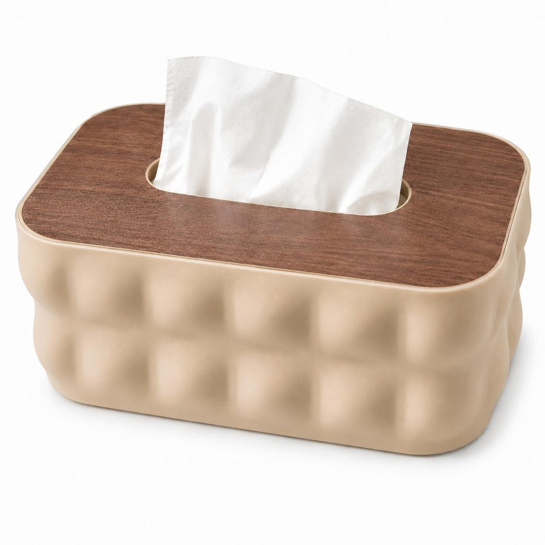 Tissue Box Holder with Wooden Lid, Modern Tissue Box Cover and Napkin Dispenser for Bathroom, Bedroom, Living Room, Office and Kitchen, Clean Organized Design, G-1115 (Beige)