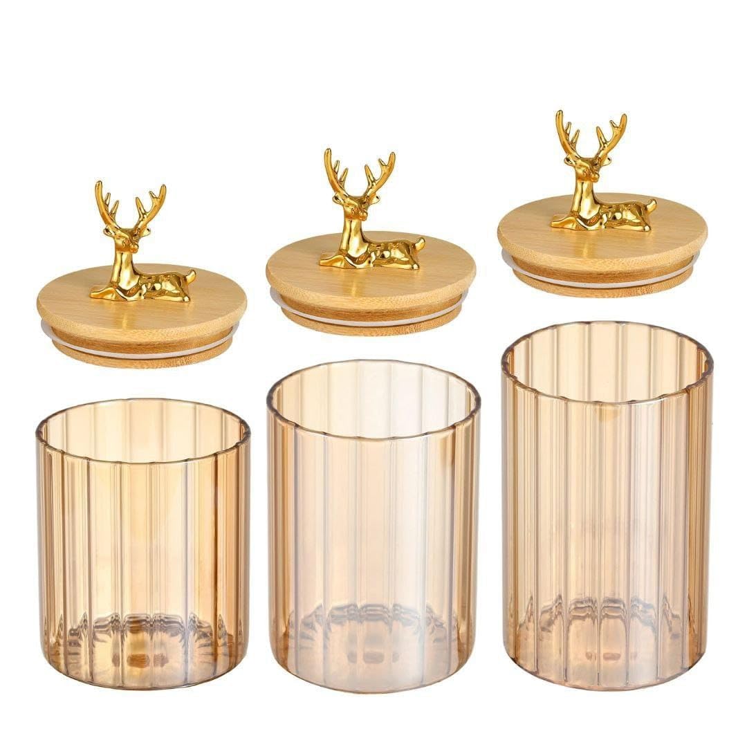 Candy and Spice Jars with Bamboo Lids, Gold Gazelle Design, Clear Amber, Set of 3, Various Sizes, .bak