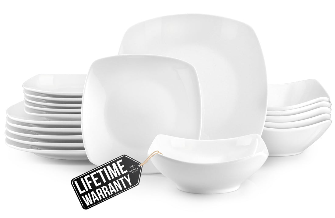 Zulay Kitchen Luna 18-Piece Porcelain Dinnerware Set - Chip and Scratch Resistant Plates and Bowls - Premium Quality Dishes Set for 6, White