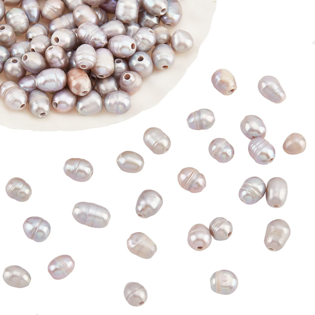 NBEADS 100 Pcs 7~8 mm Natural Cultured Freshwater Pearl Beads, Gray Dyed Large Hole Freshwater Pearl Loose Oval Freshwater Pearl Charms Beads For Craft Earring Bracelet Jewelry Making