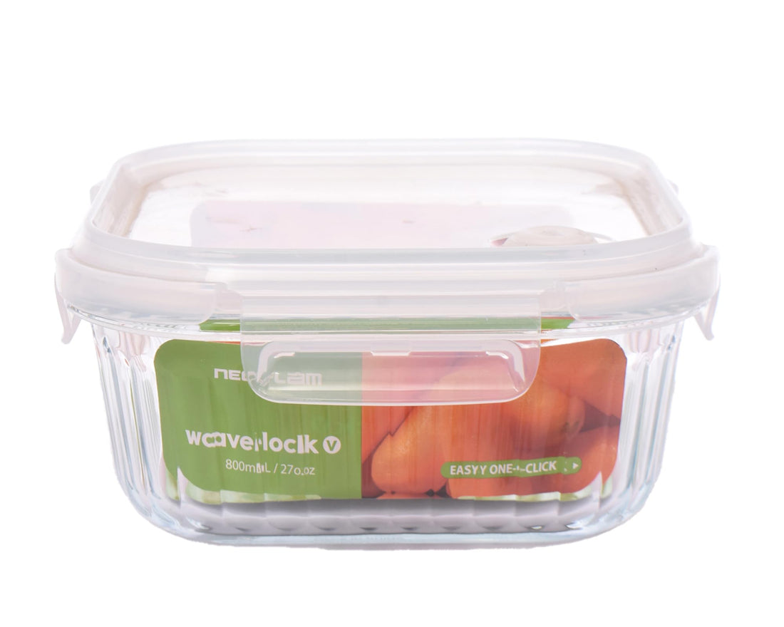 Neoflam Wavelock Borosilicate Glass Food Storage – Microwave Safe, Lightweight, Compact Design, 800ml Square