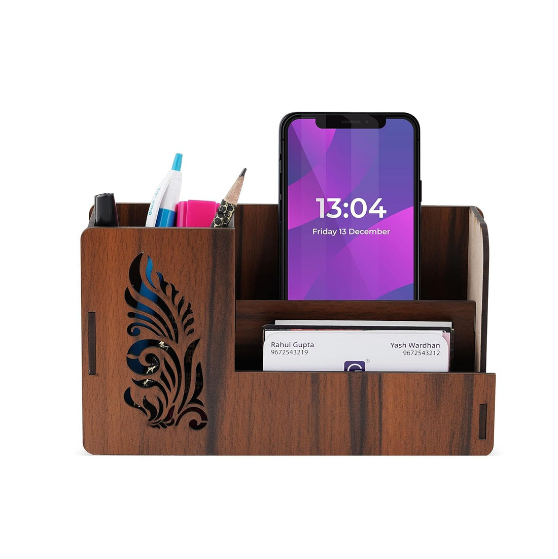 Automobiles Pen Stand With Visiting Card & Mobile Holder Multipurpose Wooden Desk Organizer Pen And Pencil (Design 2), Brown