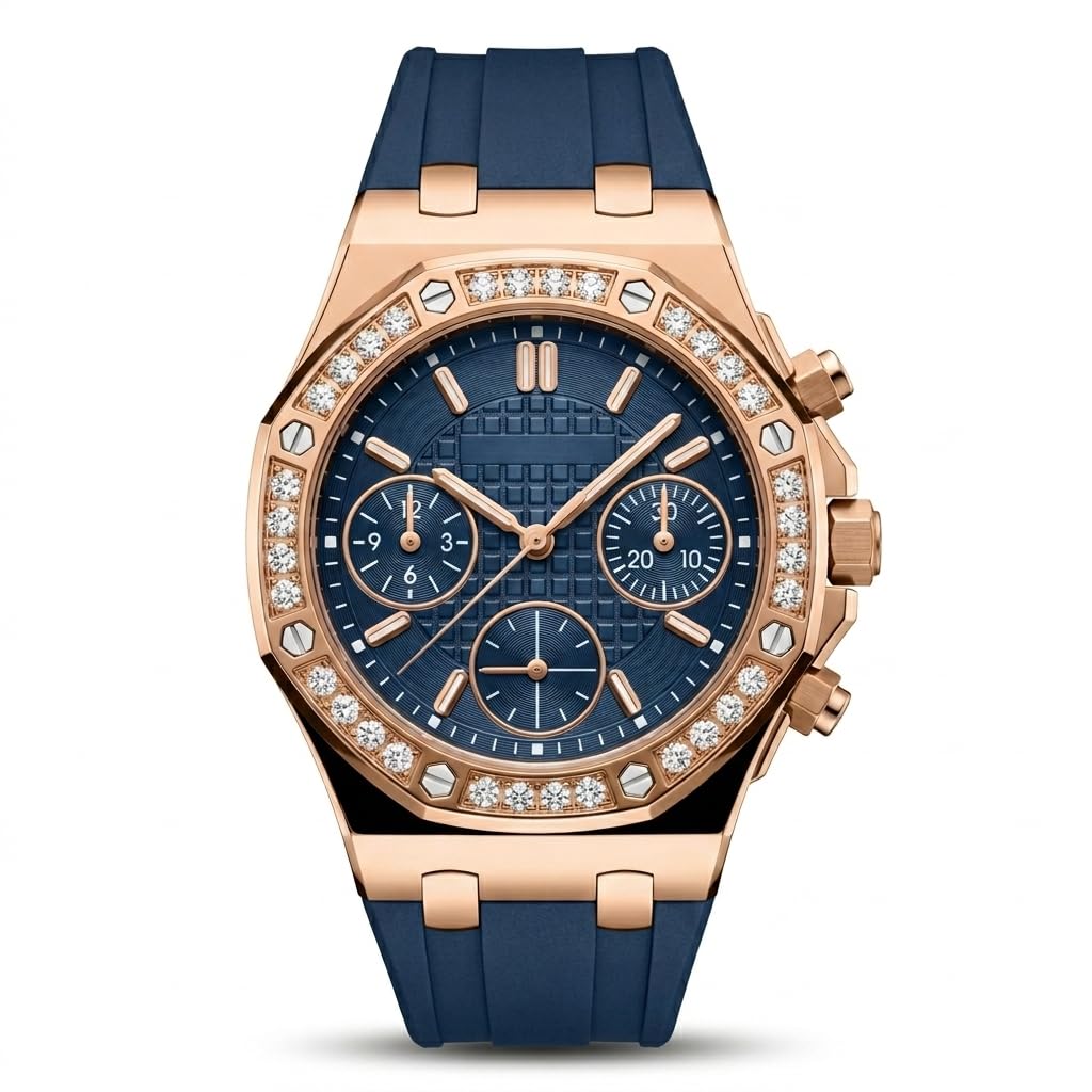 Luxury Women's Chronograph Watch, Rose Gold Case, Crystal Accented Bezel, Silicone Strap, Geometric Dial