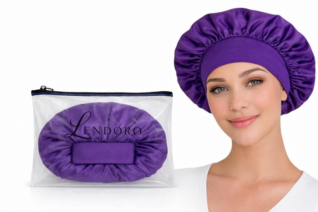 LENDORO Satin Bonnet for Hair, Silky Fabric, Wide Stretchy Band, Protects from Frizz, Breakage and Tangles, Purple