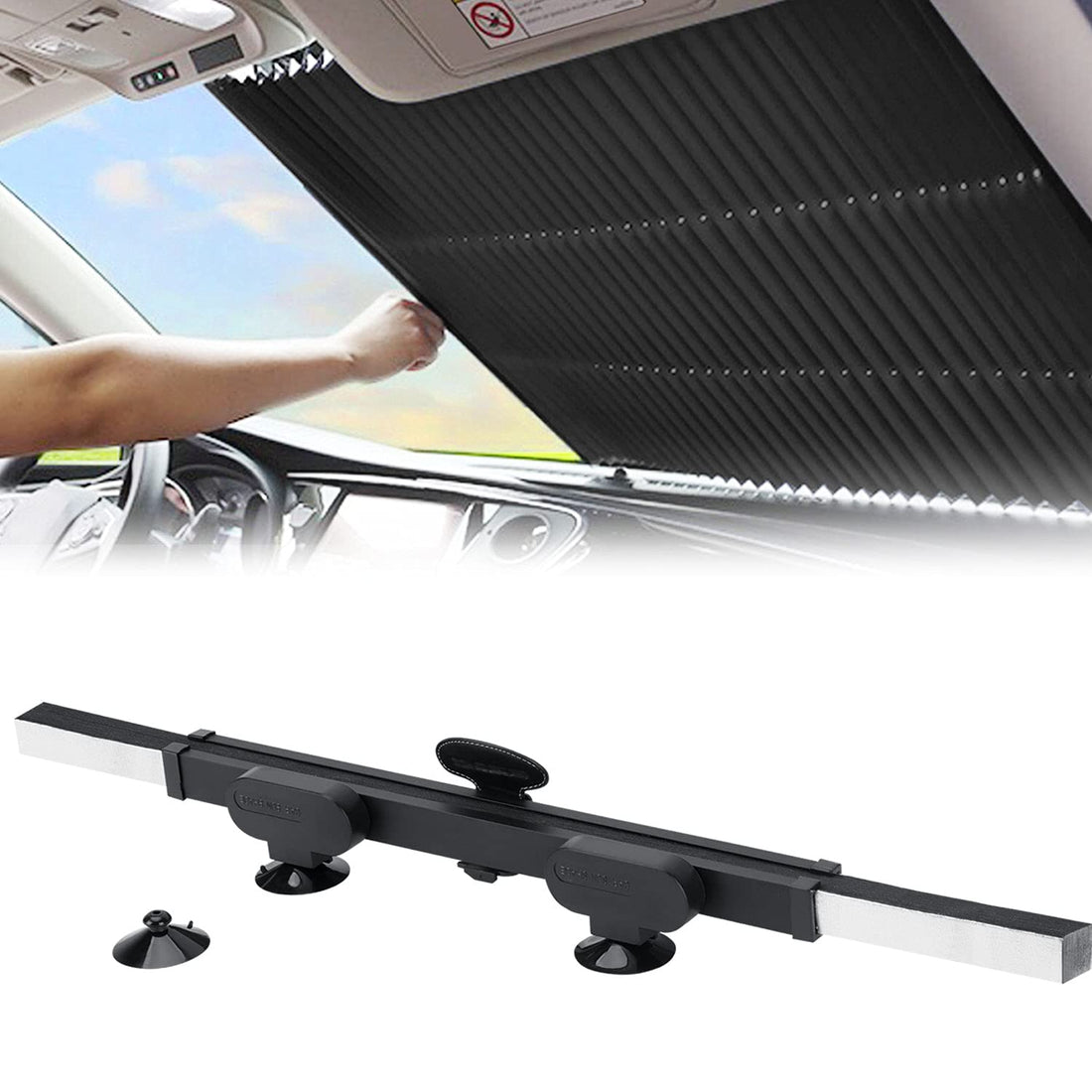 Retractable Car Windshield Sun Shade, Auto Sun Visor with Suction Cups, Large Sunshade Blocks 99% UV Rays to Keep Vehicle Cool, Fits Front Windows of Various Models, Easy Cut-to-Fit