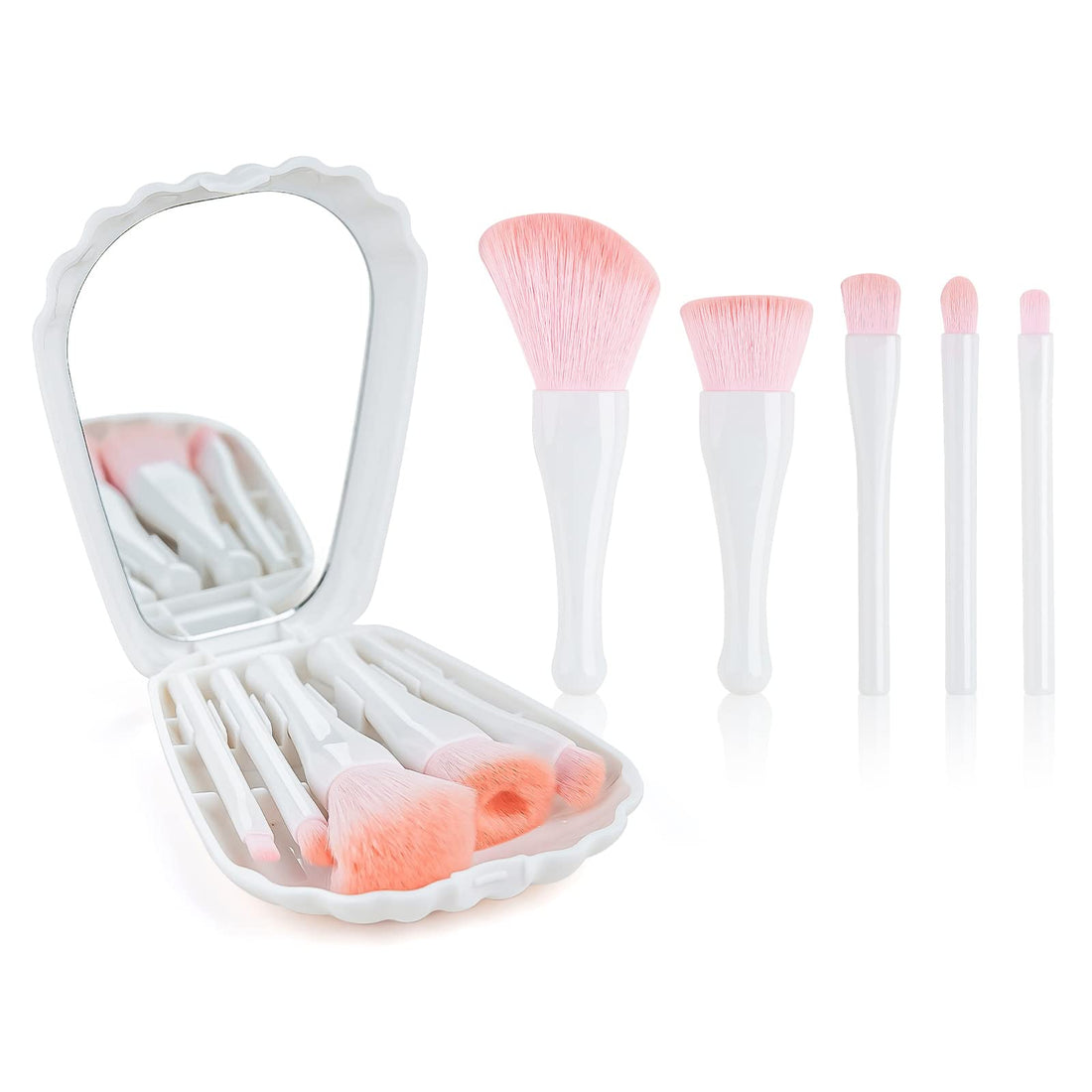 Makeup Brushes Set With Mirror, 5pcs Travel Portable Mini Cosmetic Makeup Kit Foundation Brush Eyeshadow Blush Brush Set, Shell Shape