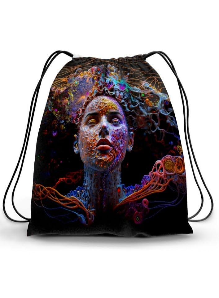 Drawstring Backpack with Artistic Portrait Design, Multicolor, Plastic, 50 Grams