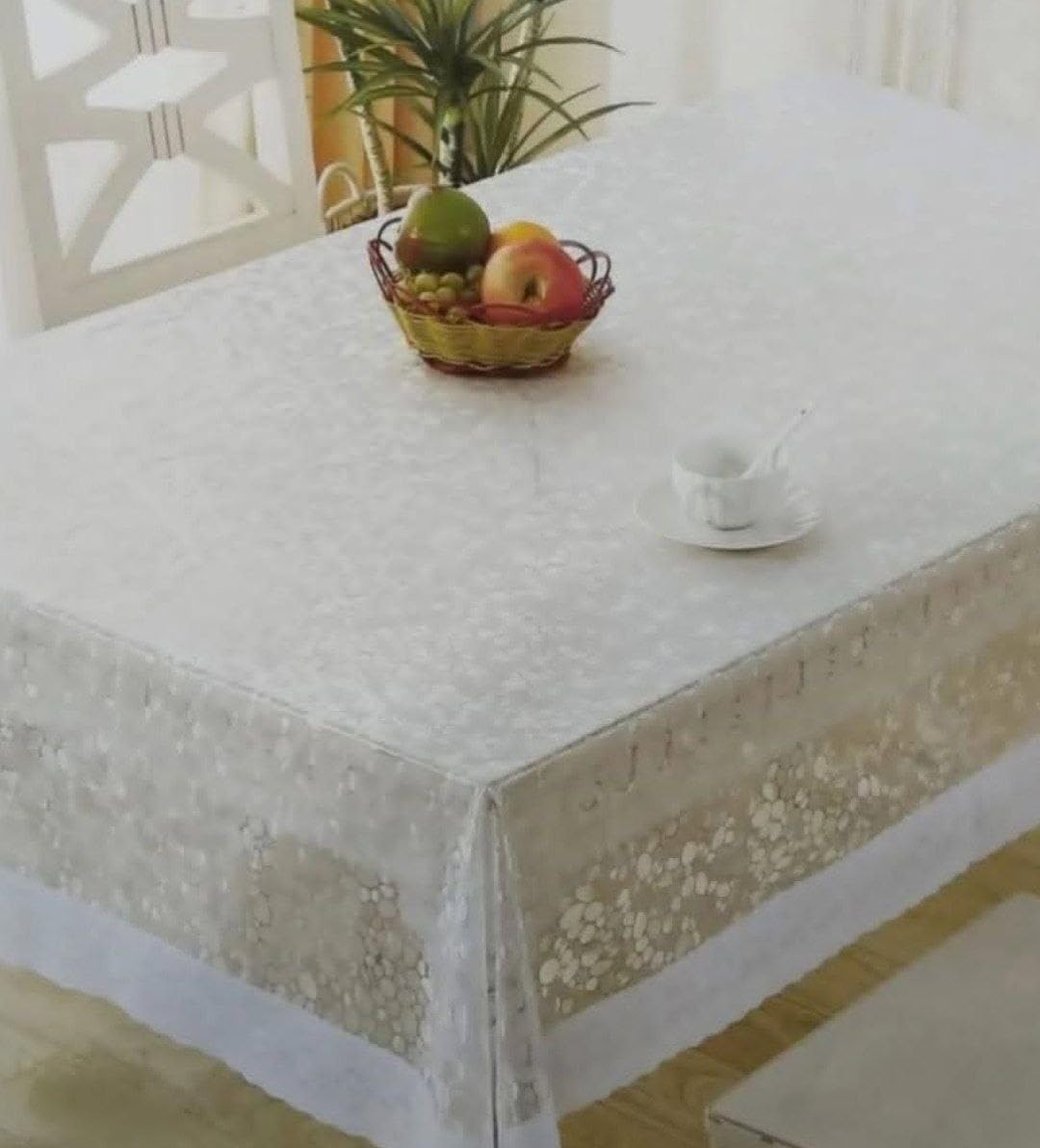 Generic Sheer Patterned Vinyl Tablecloth with Lace Trim, Clear, 152x228 cm, .sa