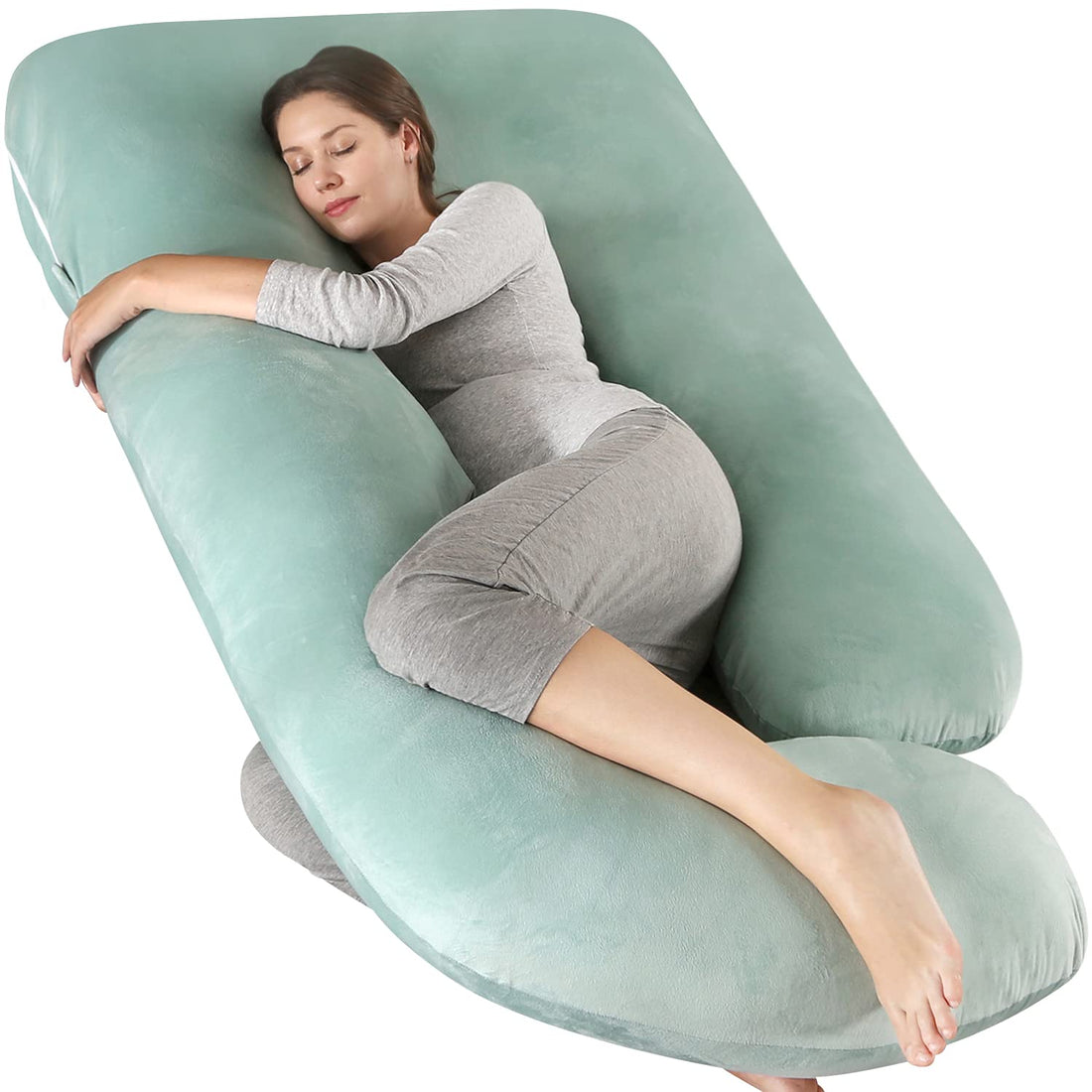 Elover Pregnancy Must Haves Pregnancy Pillow U-Shaped Full Body Maternity Support Pillow for Pregnant Women with Replaceable and Washable Velvet Cover Size 57" (Green, Velvet)
