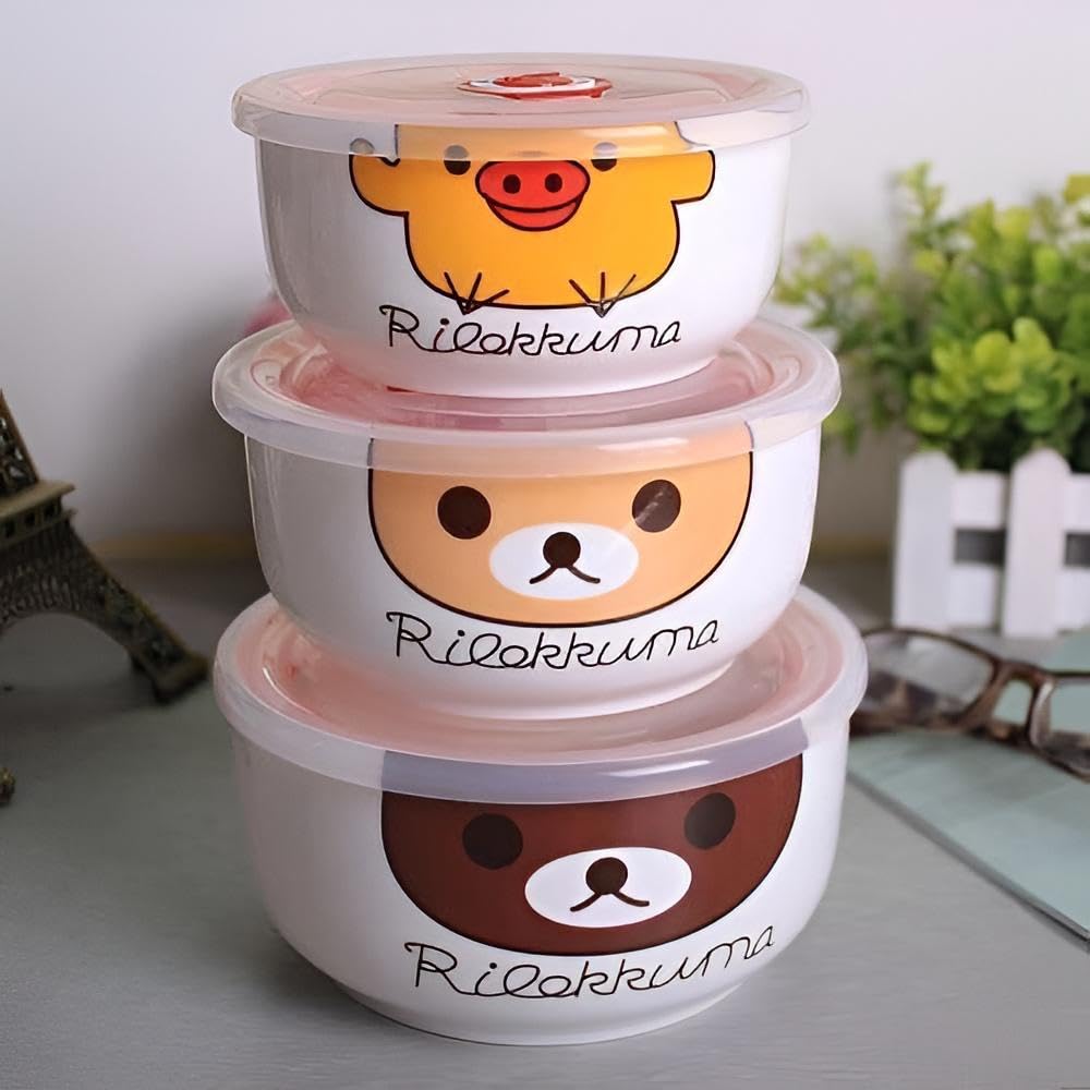 Microwave Bowls - Cute ceramic trio with secure plastic lids, perfect for heating food, sizes include small 10cm, medium 12cm, large 16cm for home dining