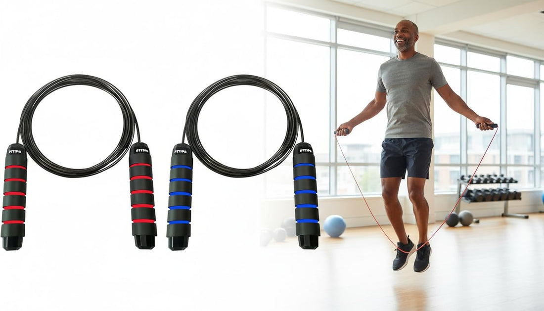GHAZAL FITIPS Jump Rope 2 Pack Adjustable - Memory Foam Handles Alloy Steel Cable PVC Cover, for Fitness Boxing Workout - Red + Blue
