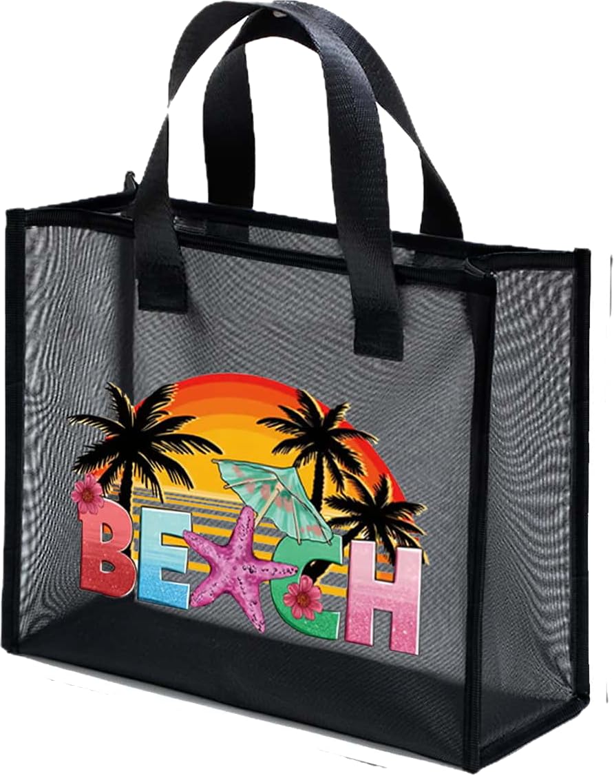 Mesh Beach Bag, Palm Tree Design, Large Capacity Shoulder Bag for Vacation (Black, One Size)