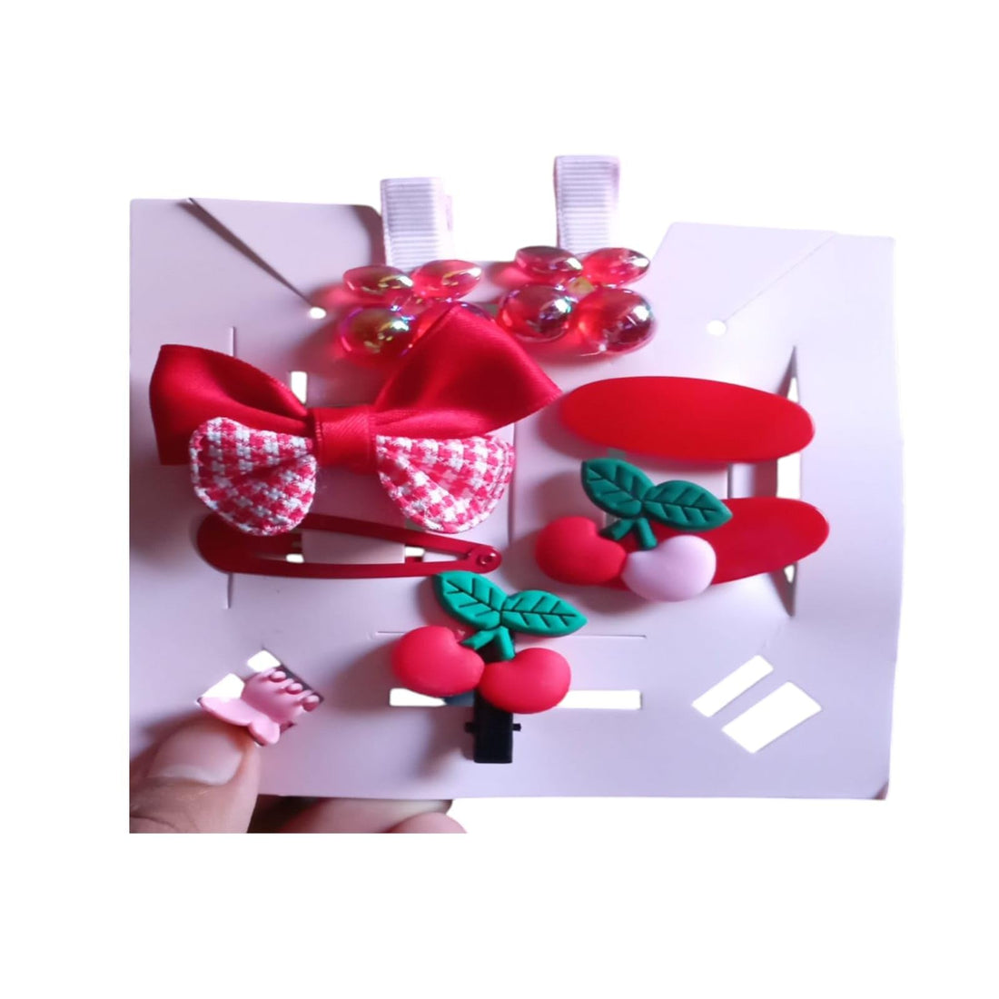 Girls Hair Clips Set, Cherry and Bows, Red and Pink, Assorted Hair Accessories for Daily Occasions, Attractive Hair Clips and Scrunchies (y)