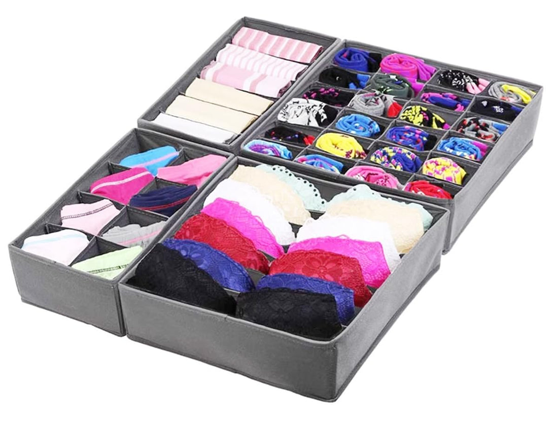 ECVV 4 Pcs Underwear Storage Organizer Divider, Foldable Storage Boxes Cabinet Closet Organizers for Clothes, Bras, Lingerie, Socks, Undies, (Gray)