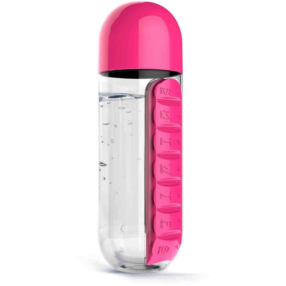 Kevibuy 7-Day Water Bottle with Pill Organizer Case 20 oz | Weekly Pill Holder Reminder Box for Vitamin/Fish Oil/Supplement | Medication Holder with Daily Marker for Sport and Travel 2 in 1 (Pink)