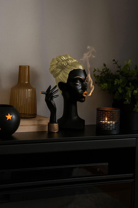 Elegant Woman Incense Burner Sculpture – Smoking Lady Aromatherapy Holder for Home Decor (Black or White with Gold Accents) (Black Gold Blond)