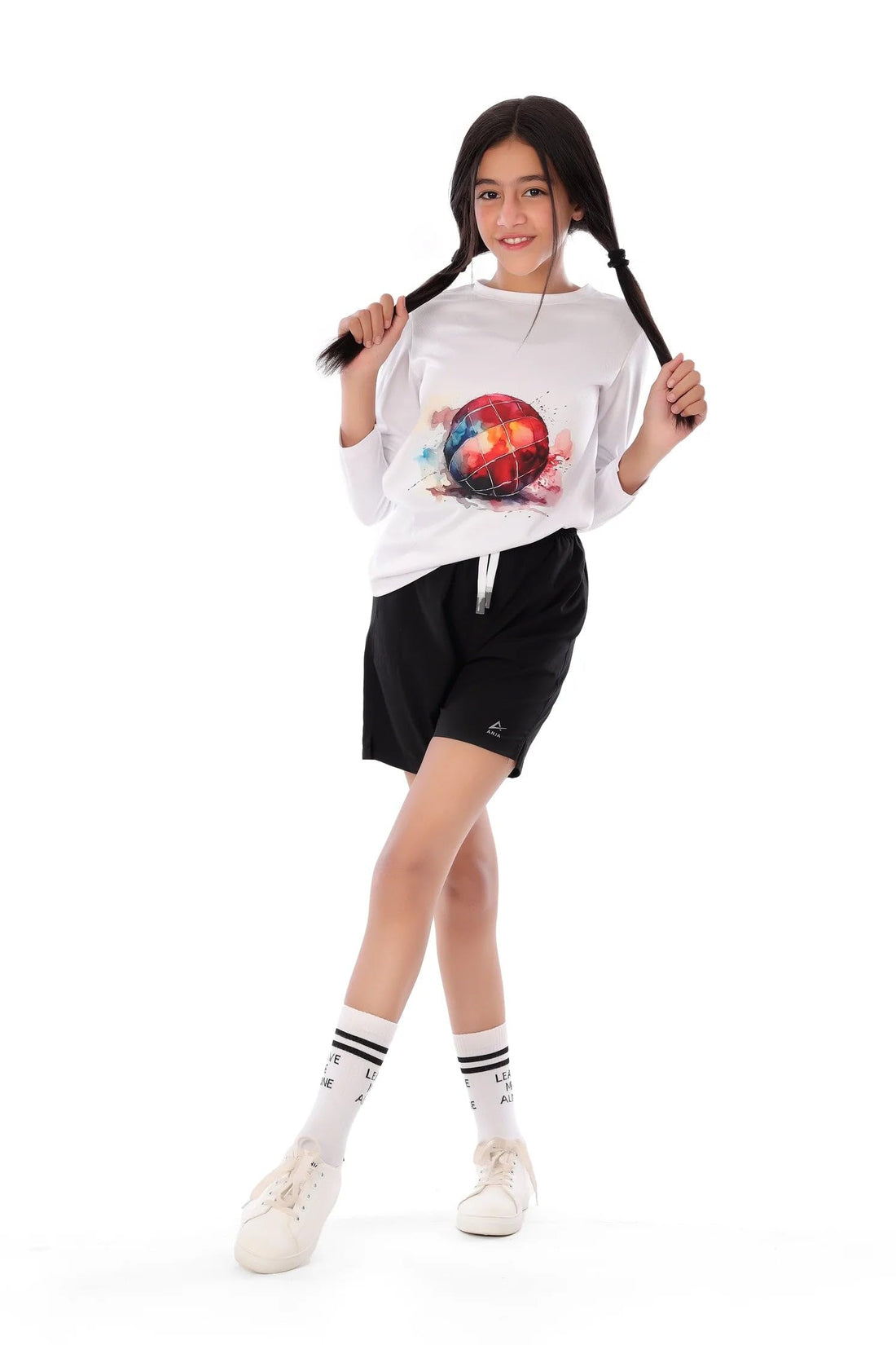 Girls White Splash HandBall T-Shirt – Sporty Long Sleeve Top