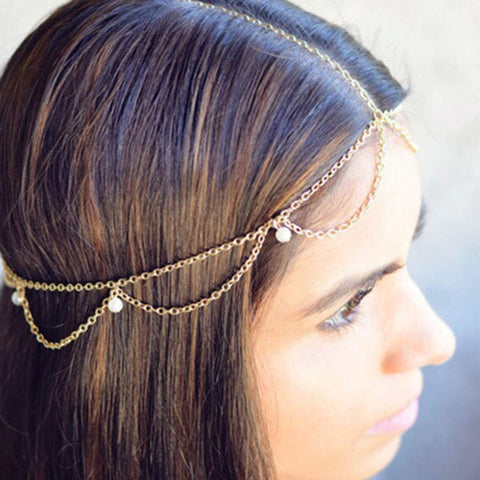 Boho Gold Sequins Hair Chain Pearl Head Chain Festival Wedding Headpiece Headband Hair Jewelry for Women and Girls