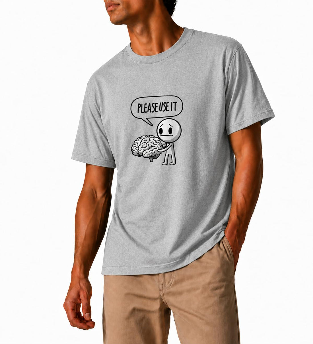 Relax Fit T-shirt – Cotton, "Please Use It" Brain Print, Casual Style – Grey