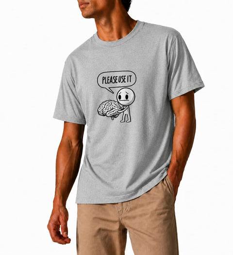 Relax Fit T-shirt – Cotton, "Please Use It" Brain Print, Casual Style – Grey