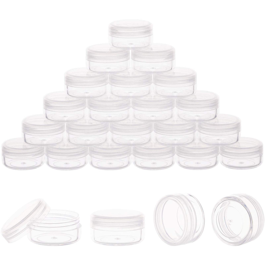100 Pack 3 Gram Sample Containers with Lids, 3ml Mini Sample Jars, Tiny Plastic Cosmetic Containers for Lip Balms, Makeup, Lotion, Eye Shadow, Powder, and Lip Balms (Clear Lids)