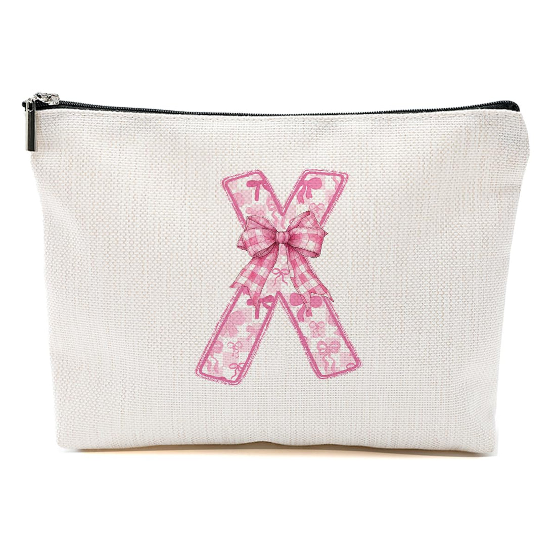 Personalized Initial Letter Makeup Bag, Rose Initial Cosmetic Bag with Zipper Birthday Gifts for Women Girls, Pink bow, 9.62 * 7.42 Inches, X