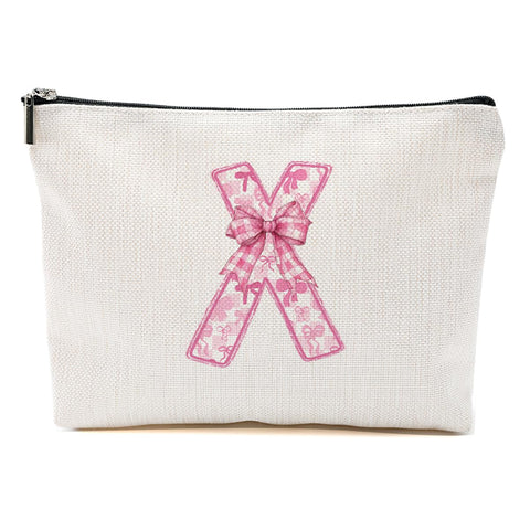 Personalized Initial Letter Makeup Bag, Rose Initial Cosmetic Bag with Zipper Birthday Gifts for Women Girls, Pink bow, 9.62 * 7.42 Inches, X