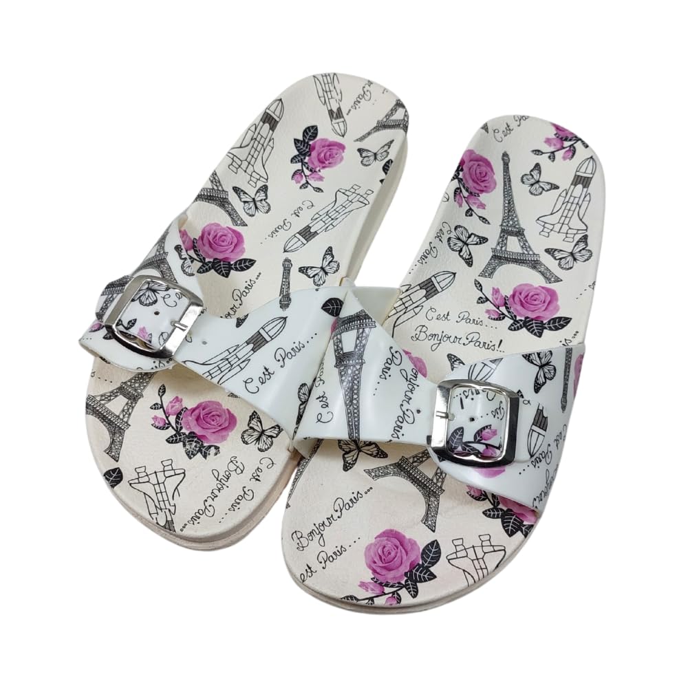 Women's Paris-Themed Slide Sandals, White with Purple Roses and Eiffel Tower Print, Buckle Closure Size 38 - شبشب حريمي مطاط مريح