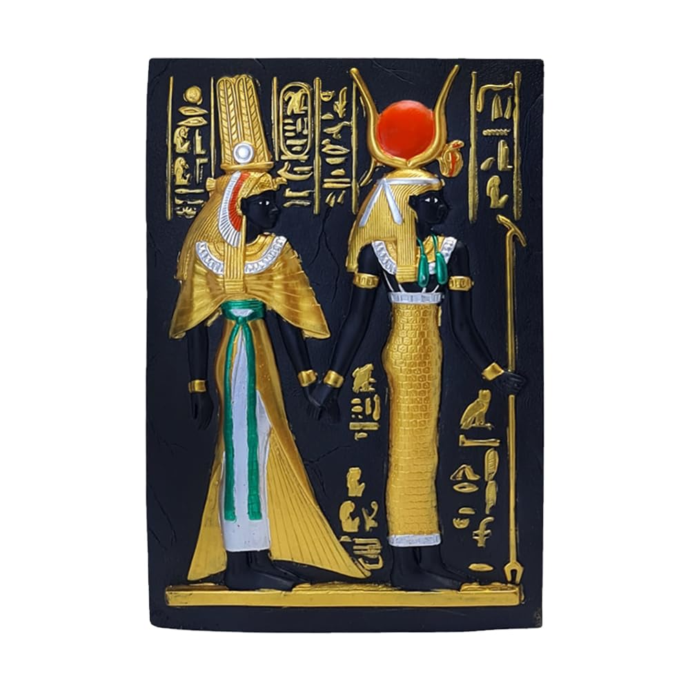 Elking Pharaoh Queen Nefertari and Goddess Hathor - Gold and Black Porcelain Art Masterpiece with Fine Detail - Luxurious Wall Decor for Home & Office - Handmade Egyptian Piece