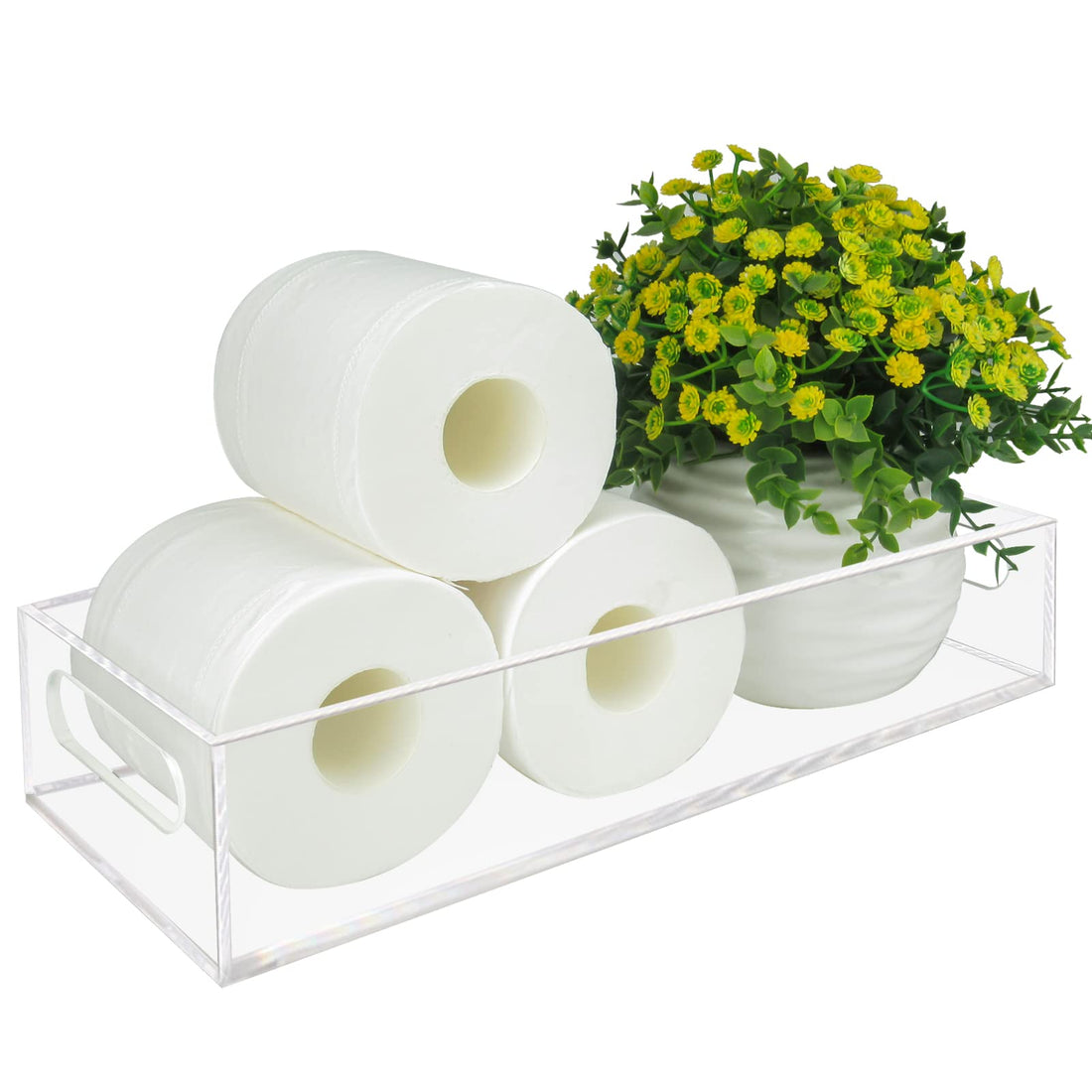 BEST MEDIA Acrylic Toilet Paper Holder with Storage Tray, a Transparent Toilet Tank Tray with Handles, a Bathroom Vanity Tray for Decor- Modern - 1 Piece - Transparent