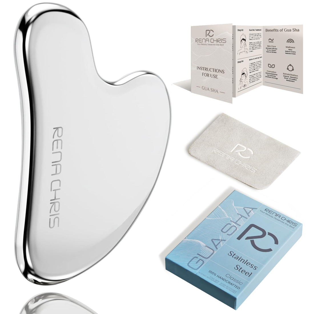 Rena Chris Gua Sha Facial Tool, Stainless Steel Guasha Board for SPA Acupuncture Therapy Trigger Point Treatment (Silver)…