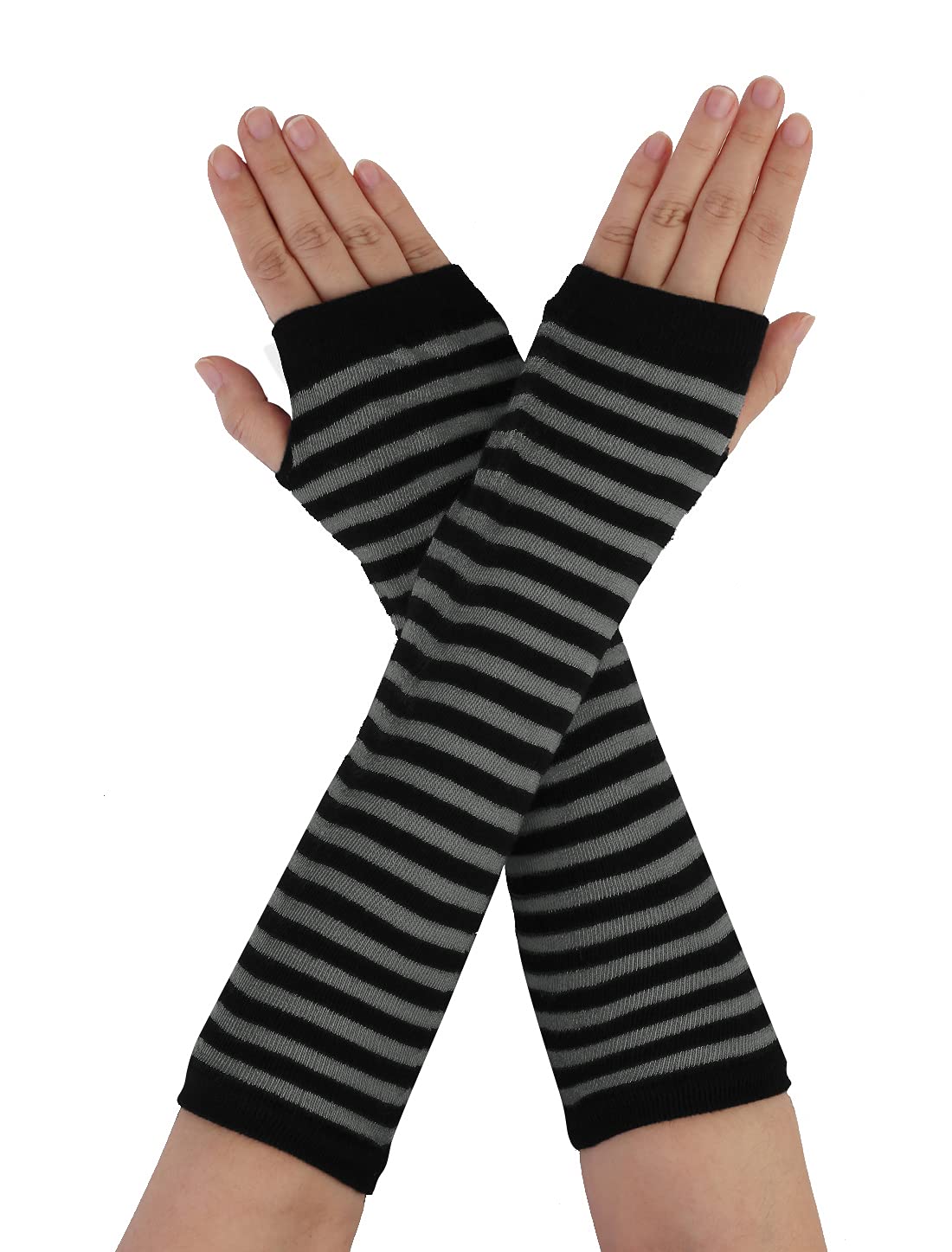 uxcell sourcingmap Lady Fingerless Stripes Prints Fabric Arm Long Gloves Warmers Gray Black Pair