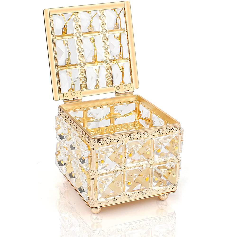 Crystal Makeup Box - Storage Organiser for Swabs, Sponges, Pads - Golden Lid