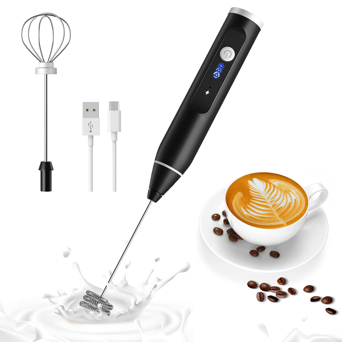 Winzwon Electric Milk Frother, USB Rechargeable, 2 in 1 Handheld, Stainless Steel, Black