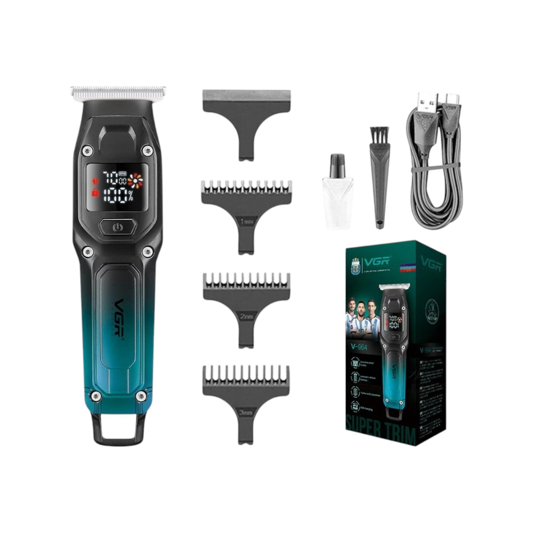 Hair & Beard Trimmer v-964 Stainless Steel Blades Motor Turbo 7000 RPM USB Charger 3 Shaving Combs Runtime 100 Minutes Charging Time 1.5 Hours Travel Size