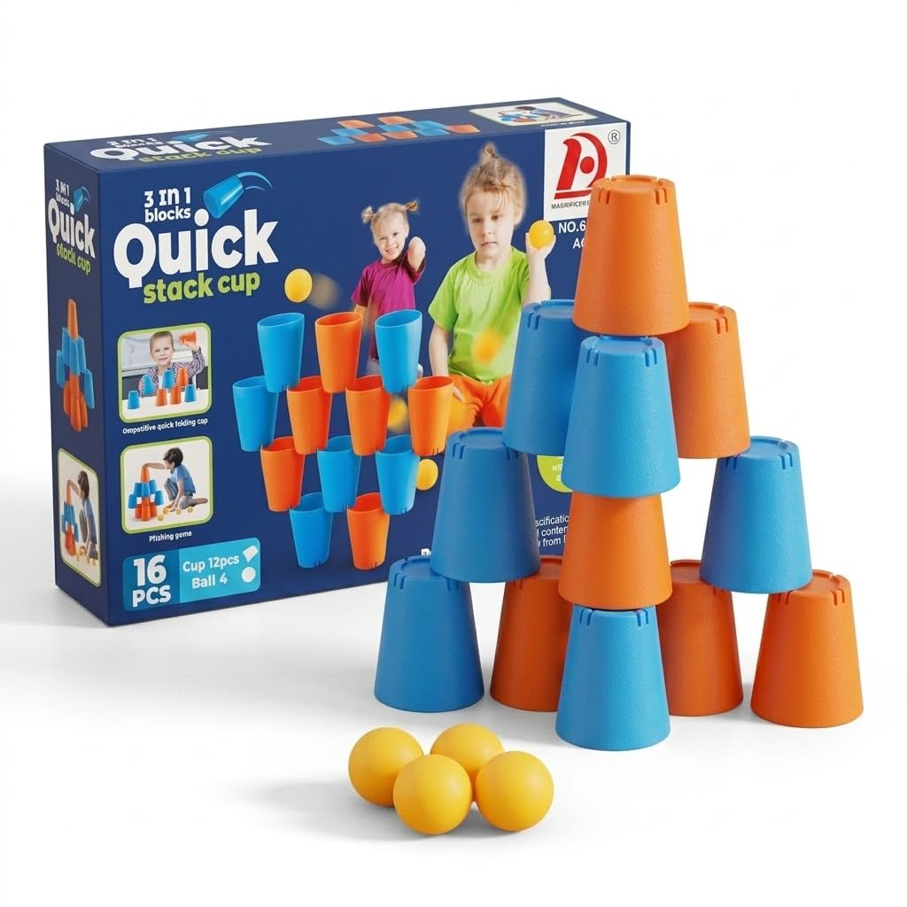 3-in-1 Quick Stack Cup Game for Kids – Fast-Paced Speed Stacking Cups with Balls – Interactive Family for Boys and Girls – Educational Sensory Toys for Toddlers, Preschoolers & Kids Birthday Gifts