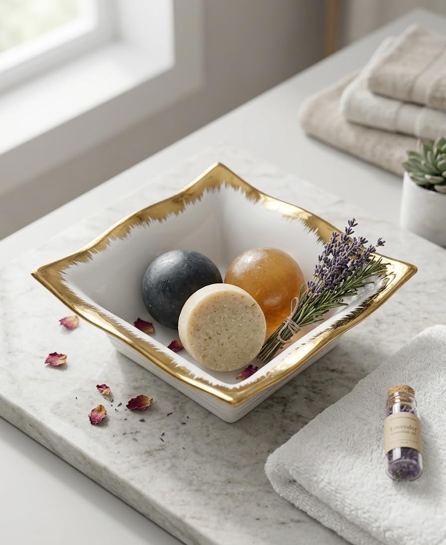 Rectangular Porcelain Serving Platter with Classic Wavy Edges and Gold Trim, White Dessert and Appetizer Tray for Dates and Sweets, 28 x 15 cm