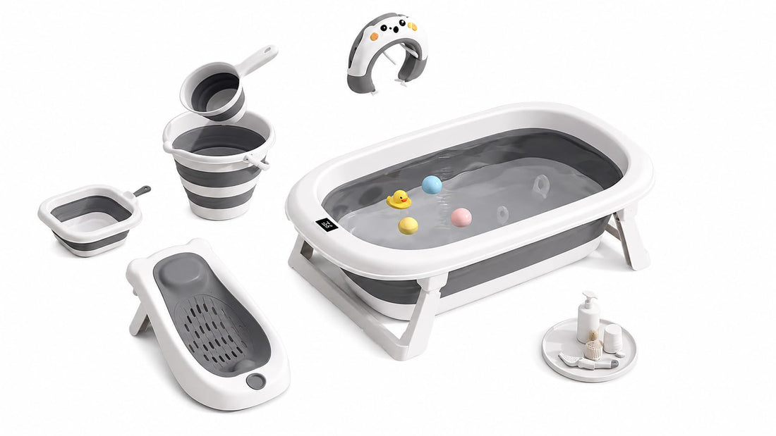 6 in 1 Foldable Baby Bath Tub Set with Thermometer, Grey and White, High Quality