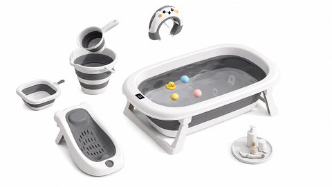6 in 1 Foldable Baby Bath Tub Set with Thermometer, Grey and White, High Quality