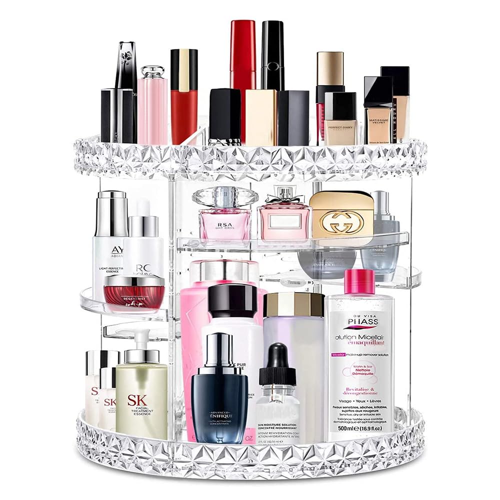 V-HANVER Acrylic Makeup Organiser, Cosmetic Storage and Vanity Perfume Organizer in Countertop Bathroom Dresser, 360 Rotating Makeup Holder Stand for Beauty Caddy Skincare & Clear & Diamond Pattern