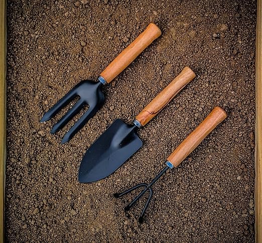 Garden Hand Tools Set, 3 Piece, Wooden Handle, Metal Trowel Fork Cultivator, Black
