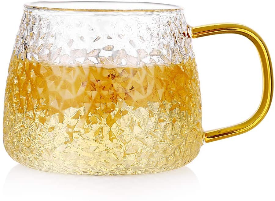 KELVEE Glass Coffee and Tea Cup Set for Green Tea Lemon Tea Herbal Tea, Borosilicate Glass with Premium Golden Handle Mug, 410 ml (Set of 1)