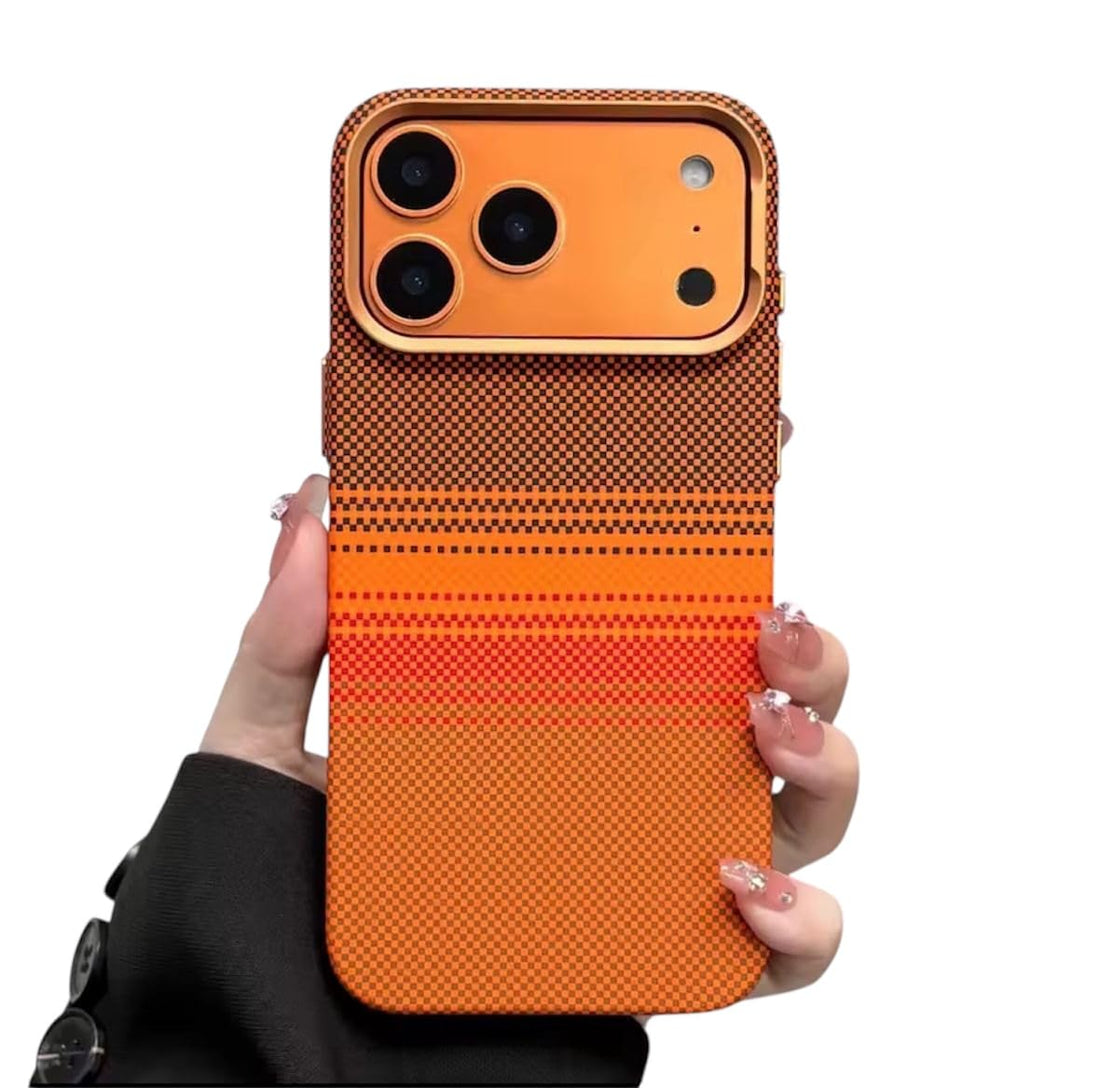 Fekra Ultra-Thin Magnetic Case for iPhone 17 Pro, 600D Carbon Fiber Kevlar Texture, Slim Shockproof Protective Cover - Orange