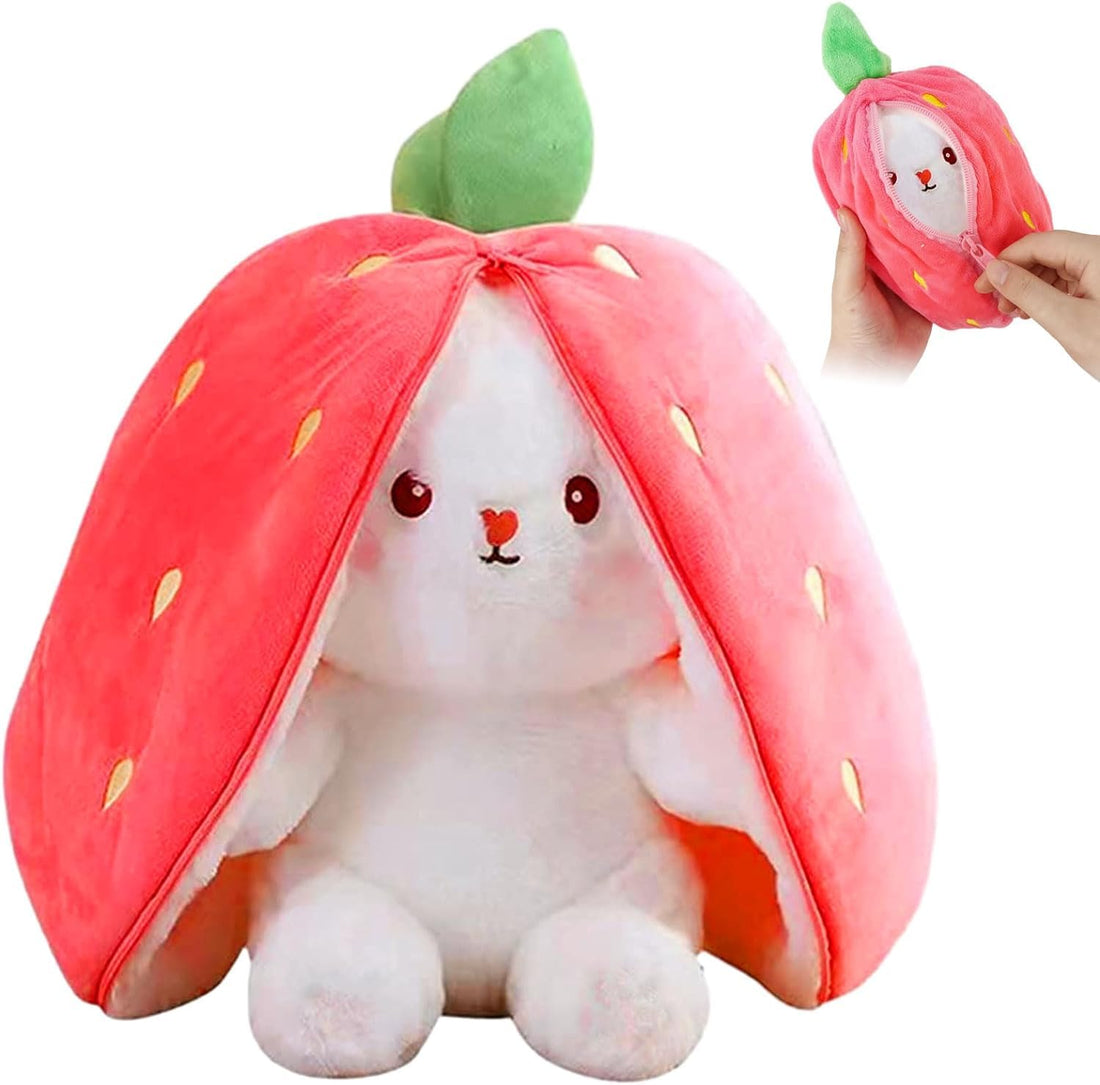 KIDSZONE Rabbit Cuddly Toy Hide 20-25 cm, Rabbit Cuddly Toy Plush Toy, Bunny in Strawberry Bag Soft Toy, Creative Plush Toy Gift, for Boys Girls Babies Children Adults Birthday (Red)
